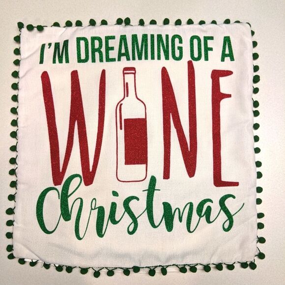 Pillow cover, (1), off white green red, sparkle, green pompom trim - Picture 1 of 7